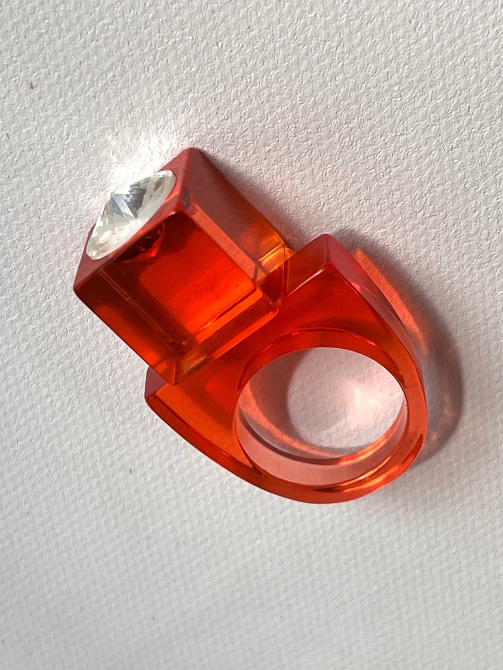 Vintage Size 7.75 Lucite Ring Chunky Cubism Orange Rhinestone Statement Unisex